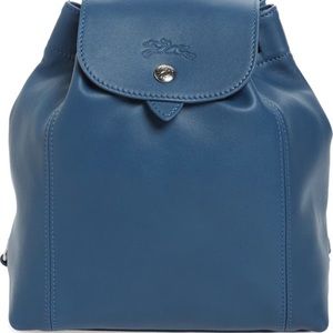 Longchamp Le Pliage Cuir Leather Backpack in Pilot Blue New